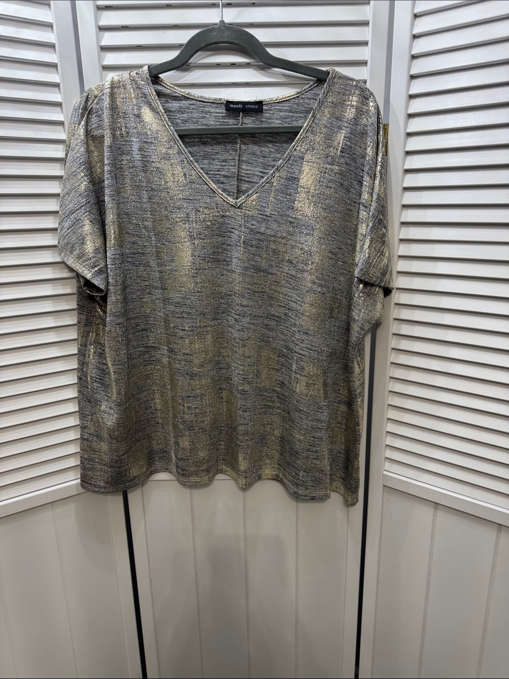 mandy evans Metallic V-Neck Short Sleeve Top - Gold & Gray Heather